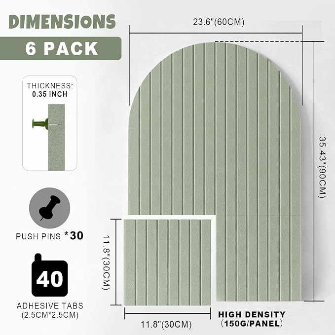 Markdang Large Arched Felt Bulletin Board 35" x 24", 6 Pack Cork Boards Alternative for Walls with 30 Pins, 40 Adhesive Tabs, Pin Board Tiles for Home Office Classroom Decor, Photos Display (Sage)