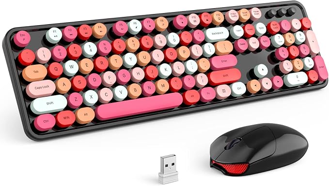 KNOWSQT Wireless Keyboard and Mouse Combo, Black Colorful Retro 2.4GHz Typewriter Keyboard with Cute Round Keycaps, DPI Adjustable Optical Wireless Mouse Compatible with PC Laptop