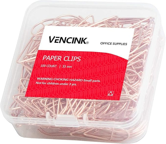 100 Pieces Rose Gold Cute Paper Clips Medium, VENCINK Smooth Stainless Steel Drop-Shaped Wire Paperclips for Office Supplies Wedding Women Girls Kids Students