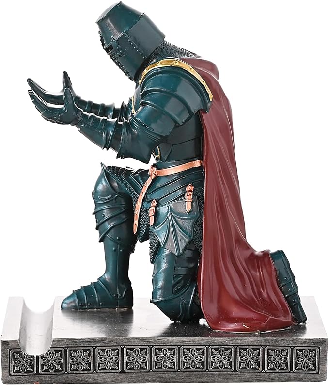 Medieval Templar Vanguard Officer Knight Pen Holder Desk Organizers Green | Pencil Stand Paperweight Desktop Decoration Accessories Cell Phone Stand with a Fancy Sword for Medieval Warrior Enthusiast
