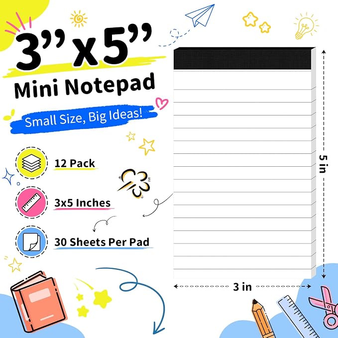 White Note Pads 12 Pack Small Notepad 3x5 in Mini Notepads Pocket Notepad | Memo Pad Server Lined Paper Easy Tear Small Note Pads,30 Sheet/Notepad, Portable Memo Notepad for Home School Office Supplies
