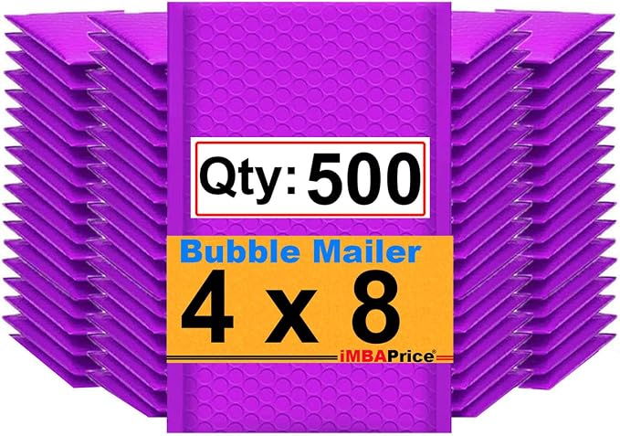 iMBAPrice 500-Pack #000 (4" x 8") Premium Mat Purple Color Self Seal Poly Bubble Mailers Padded Shipping Envelopes (Total 500 Bags)