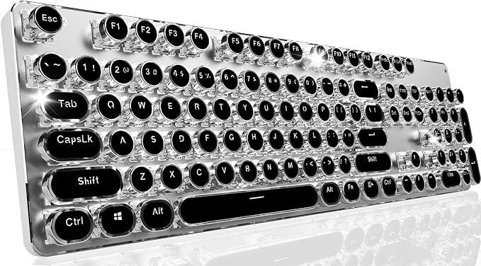 Wireless Typewriter Style Mechanical Keyboard with White Backlit, Full Size | Bluetooth/2.4G/Wired, Retro Punk Round Keycaps, Blue Switch for Windows PC, Mac, Desktop, Laptop, Blue, EWEADN TK950