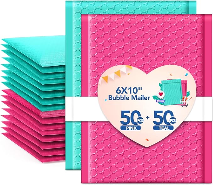 GSSUSA Bubble Mailers 6x10 100 Pack Usable Size 6x9" Small Bubble Mailer Padded Envelopes with 50 Pink & 50 Teal Cute Bubble Mailers Self-Seal Bubble Envelopes Mailing for Small Business, Mixed Colors