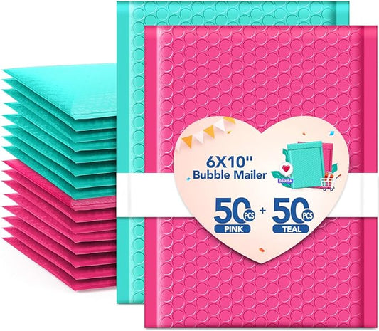 GSSUSA Bubble Mailers 6x10 100 Pack Usable Size 6x9" Small Bubble Mailer Padded Envelopes with 50 Pink & 50 Teal Cute Bubble Mailers Self-Seal Bubble Envelopes Mailing for Small Business, Mixed Colors