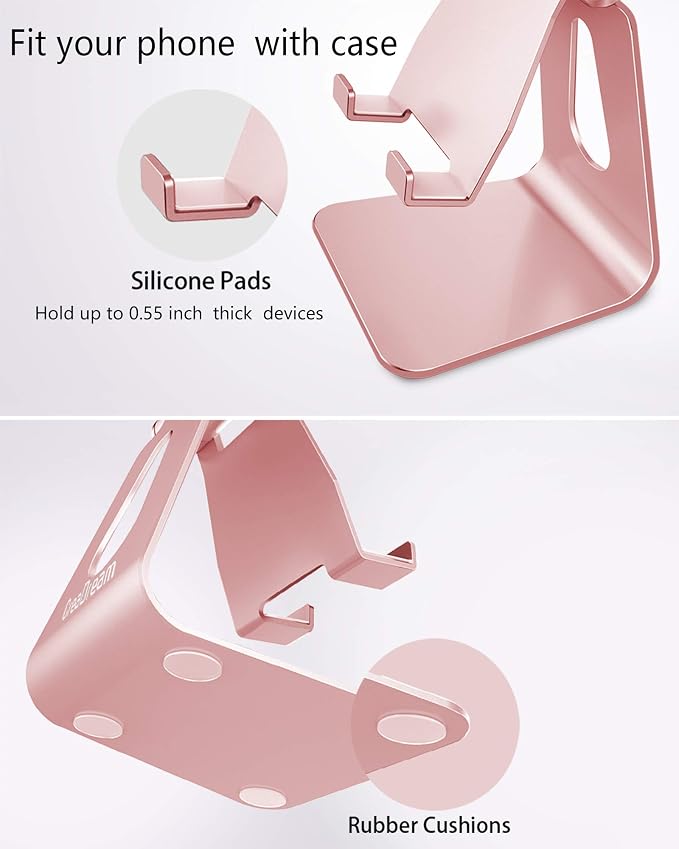 CreaDream Aluminum Cell Phone Stand, Adjustable Phone Holder for Desk | Adjustable Viewing Angle, Desktop Stand, Stable Base, Fits iPhone 17 16 15 14 13 Pro Max Desk Accessories Rose Gold