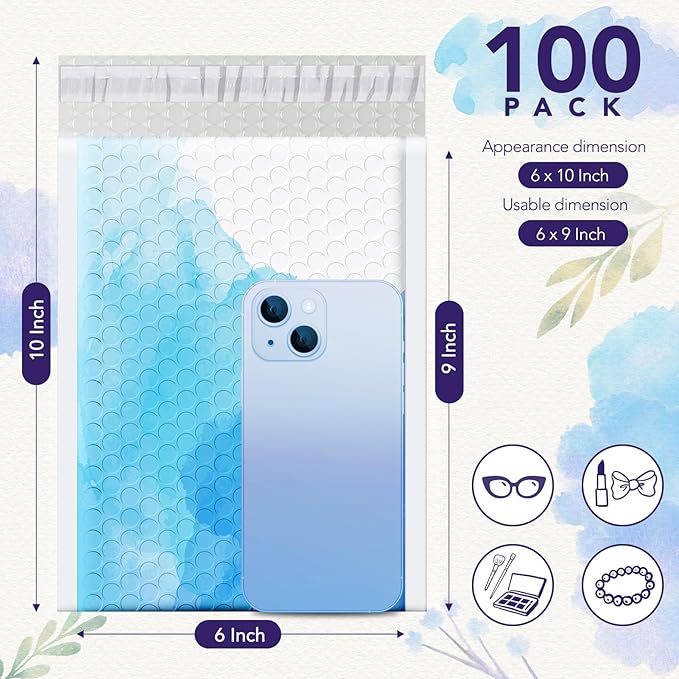 Fuxury Bubble Mailers 6x10" Blue Watercolor Small Padded Envelopes 100 Pack Usable Size 6x9" Strong Adhesion Bubble Envelopes Thick Padded Mailers Waterproof Shipping Bags for Jewelry Makeup #0