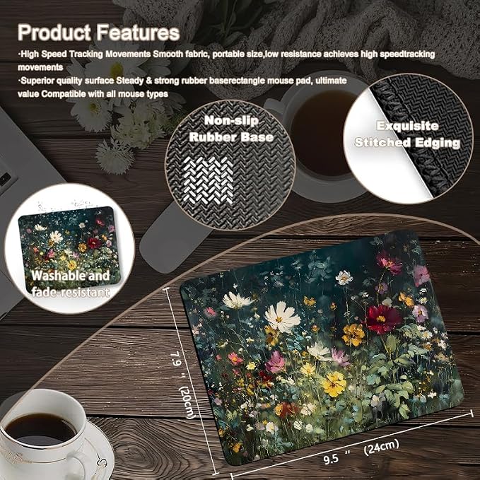 Vintage Spring Floral Square Mouse Pad, Cottagecore Nature Wildflower Botanical Mousepad Mat for Home Office Computer Gaming Desk Accessories 9.5x7.9 in