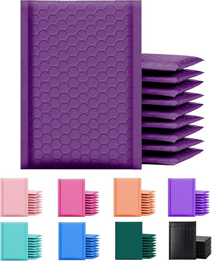 Yens Poly Bubble Mailers 4x8 50 Pack Purple Waterproof Self Seal Adhesive Shipping Bags, Cushioning Padded Envelopes for Shipping, Mailing, Packaging Usable 4x7