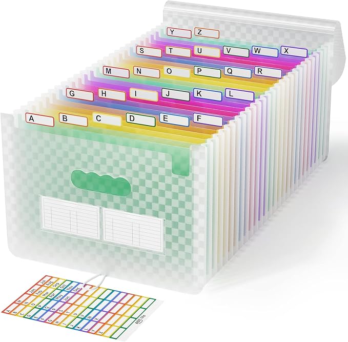ABC life 26 Pockets Accordion File Organizer, Expanding File Folder, Green | Monthly Bill & Receipt Holder with Colored A-Z Tabs, Portable Folder Organizer for Home Office School, Fits Letter/A4 Size