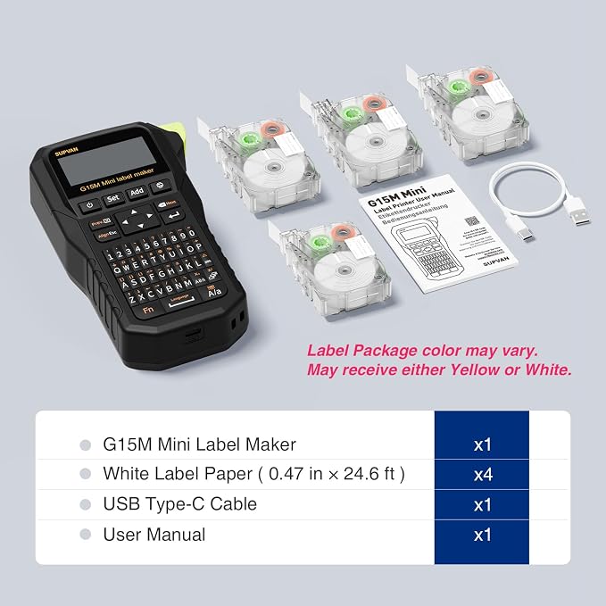 SUPVAN G15M Mini Portable Label Maker Machine with 4 Continuous Tapes | Heat Shrink Tube & Multiple Label Types, Rechargeable, Minimal Margin, LCD Backlit, Thermal Transfer, Home, Garage, Outdoor
