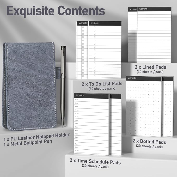 WEMATE 10 Pieces Small Notepad Holder Set Pocket Notebook 3 x 5 Inch (Grey) | Included Mini Pocket Notepad Holder Set with 8 Memo Book Refills and Metal Pen for Meetings, Daily Records