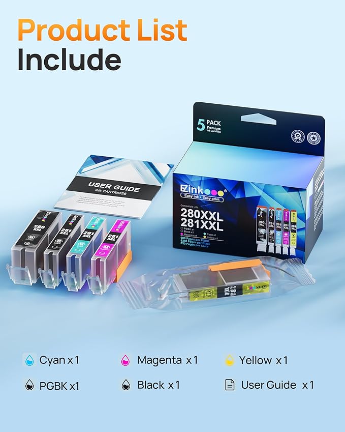 E-Z Ink Compatible Tr8620a Ink Cartridge Replacement for Canon PGI-280XXL CLI-281XXL 280 XXL 281 XXL Compatible with TR8520 TR8620a TR8620 TS702a TS9520 TS9521C TR8520 TS6220 TS6320 TS8220 (5 Pack)