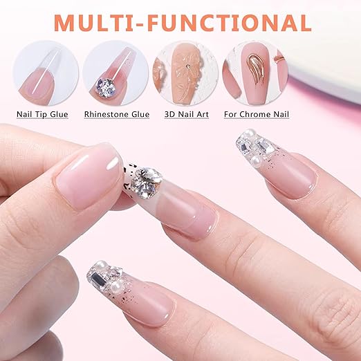 Gel Nail Glue for Nails Tips, 2pcs 15g Super Strong Solid Gel Soak Off for Acrylic Extensions Fake Nails Press On Nails U V Lamp Curing Needed Long Lasting Gel Glue Kit