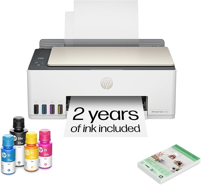 HP Smart Tank 5103 Wireless All-in-One Ink Tank Printer, Scanner,2 Years of Ink, 100 Sheets of Photo Paper Included, Cartridge-Free, Refillable, AI-Enabled (5D1B2A)