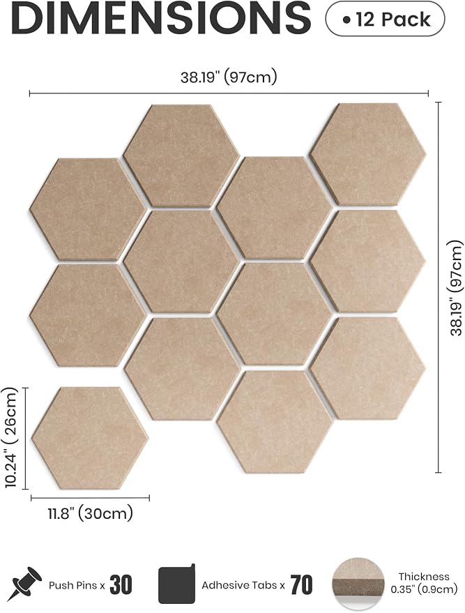 Fluxynara 12-Pack Hexagon Felt Bulletin Board Tiles, Taupe | Cork Board Alternative with 60 Adhesive Tabs for Notes, Photos and Reminders in Home Offices, Dorm and Classrooms