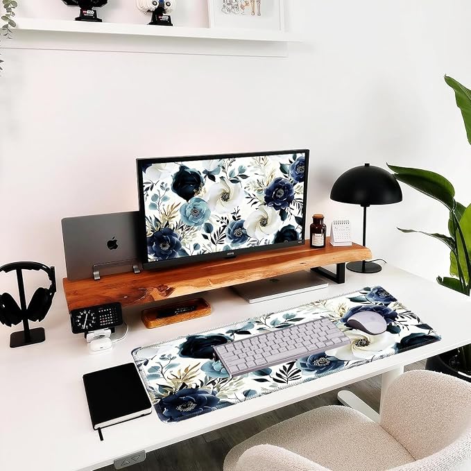 Blue Floral Mouse Pad,Large White Flowers Desk mat(31.5"x11.8"in) | Large White Flowers Desk Mat, Non-Slip Base, Micro-Woven Fabric, Stitched Edges, Office Computer