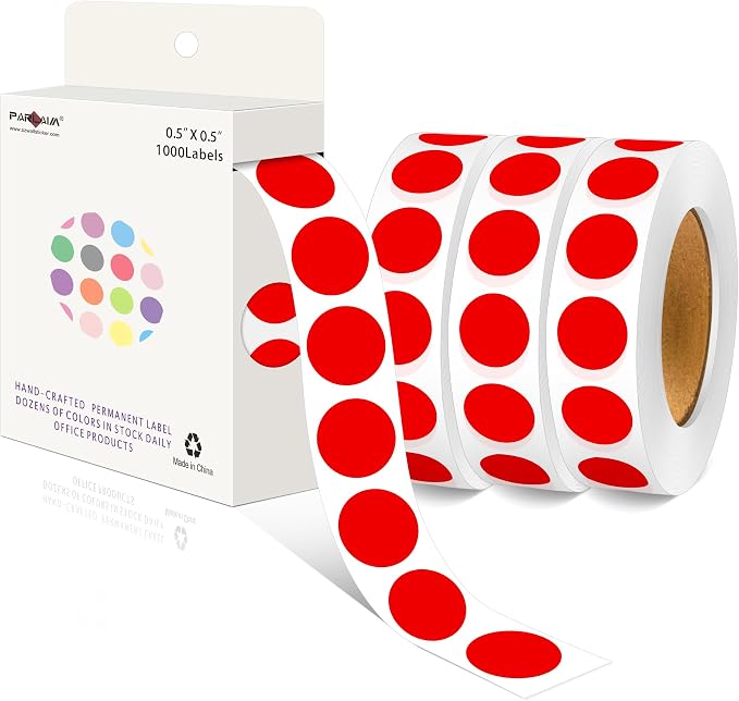 PARLAIM 1/2 Inch Round Permanent Adhesive Color-Code Dot Stickers,4000 Stickers 4RollS dots Label Dispenser Box Red Circle Stickers Labels (Red)