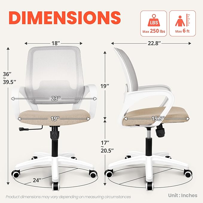 NEO Chair Office Desk Ergonomic Mesh Computer Chair with Lumbar Support Adjustable Height Swivel Rolling Wheels Comfy Mid Back Task Chair for Home Bedroom Vanity Study (Beige)