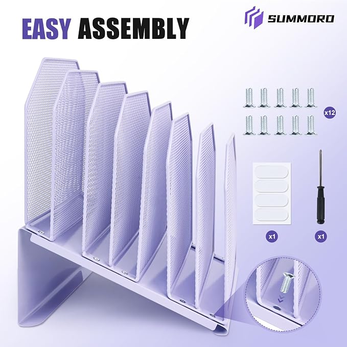SUMMORO Inclined File Organizer for Desk, 7-Section Vertical File Holder | Office Desk Organizer Metal Rack File Folder, Wire Mesh Desktop Document Sorter, for Office School Classroom Home (Purple)
