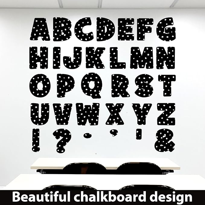 Qyeahkj 150 PCS Large 7" Font Bulletin Board Letters Punctuation Cutouts Combo Black Letters with White Polka Dots Border Decor Classroom Alphabet Poster for Bulletin Board Display Home School Wall