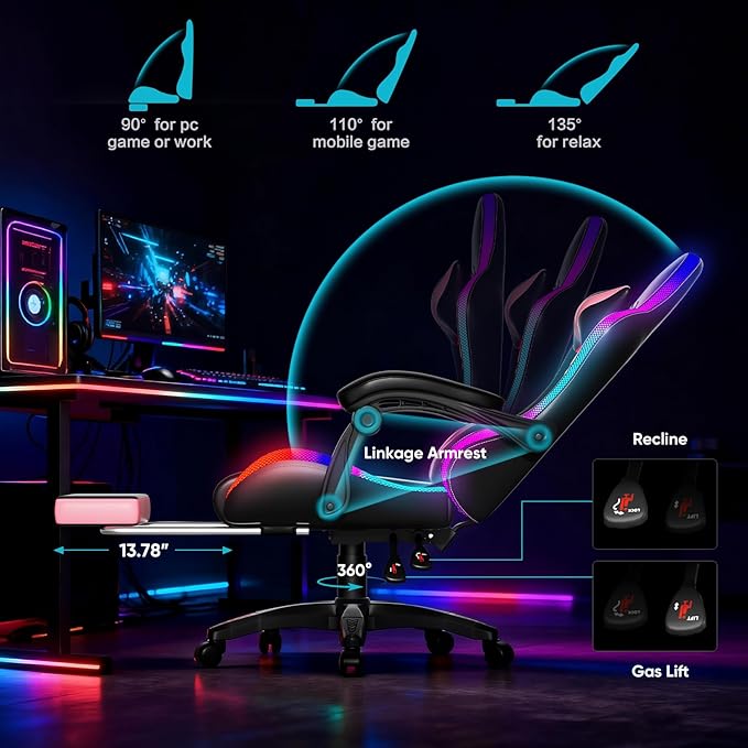 Gaming Chair, RGB LED Lights Computer Chair with Footrest, Lumbar Support Massager Gamer Chair, High Back, 90-135° Reclining, Linkage Armrests, Pink