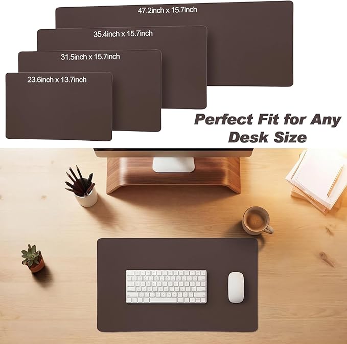 Tegeme Leather Desk Mat Large Desk Pad 23.6 x 13.7 Inch Non Slip Table Protector with Stitched Edges and Rubber Base Dark Brown Stylish Workspace Accessory Laptop Mat Smooth Writing for Home Office
