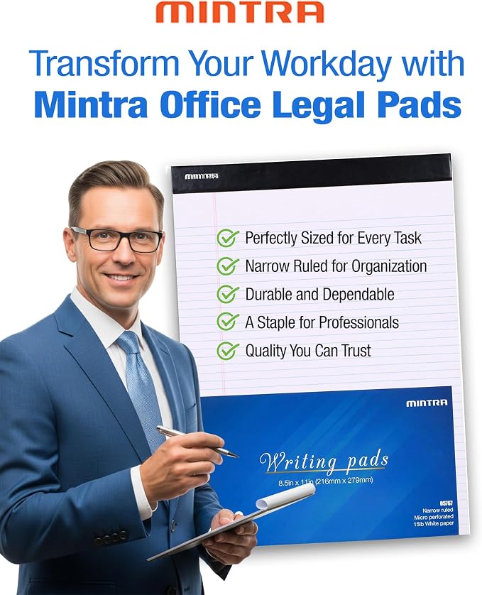 Mintra Office White Legal Pads – Ruled Notepads and Micro-Perforated Sheets, Ideal for Writing, Note-Taking & Creativity, Office, or Professional Use, Basic Pad 6 pack, 8.5"x11" (Narrow Ruled)