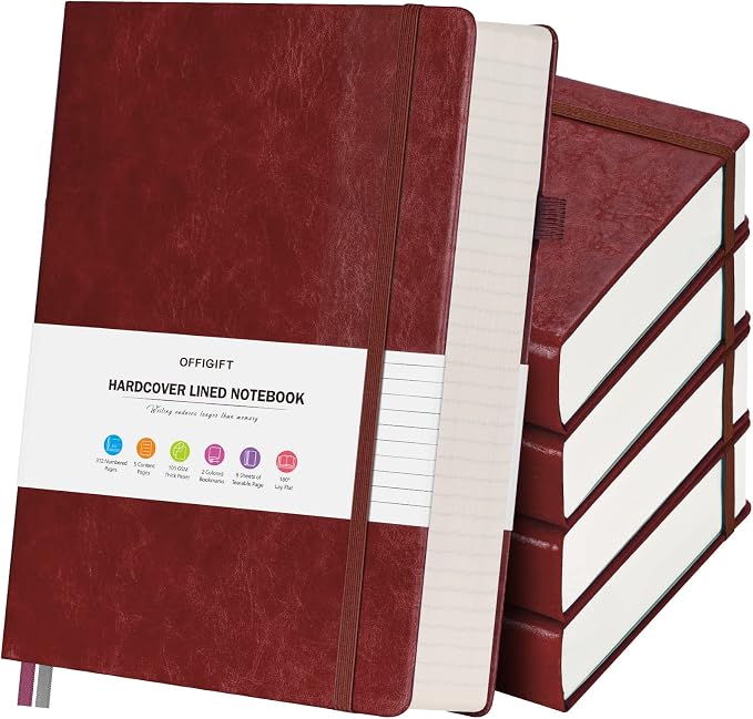 5 Pack College Ruled Notebook Bulk, A5, 312 Numbered Page Thick Journal Set | Cost-Effective 5 Pack 1600 Pages Total, 100gsm No Bleed Paper, Leather Hardcover, Lay-Flat, for Writing, Work, Employee Gifts