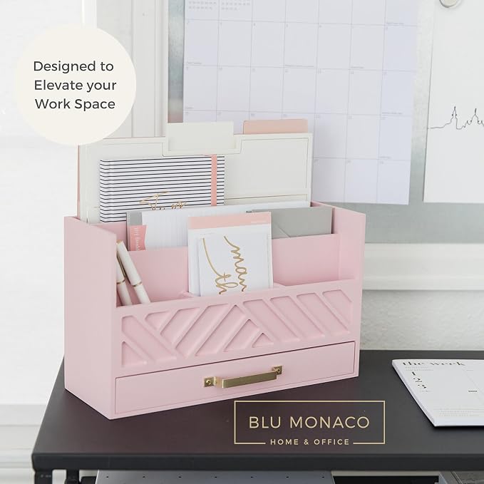 BLU MONACO | Pink Desk Organizers Wooden Mail Organizer with Drawer | Mail Sorter Organizer Countertop Gold Handle | Desk Organizers and Accessories Pink Office Storage