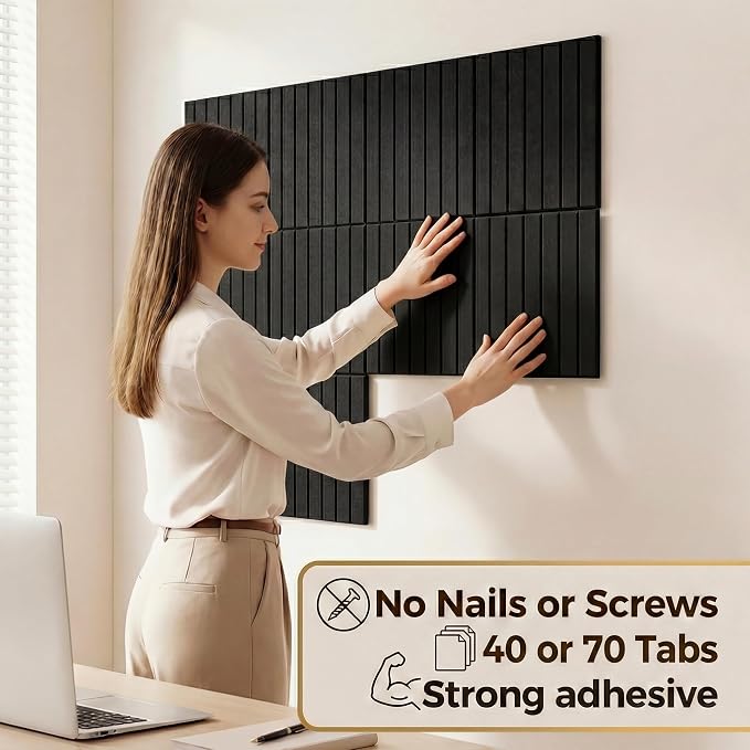 Felt Bulletin Board 48" x 36", Cork Boards for Walls, 12 Pack Bulletin Board Large Cork Board for Office, Felt Boards with 70 Safe Removable Adhesive Tabs Wall Decor for Home(Black)