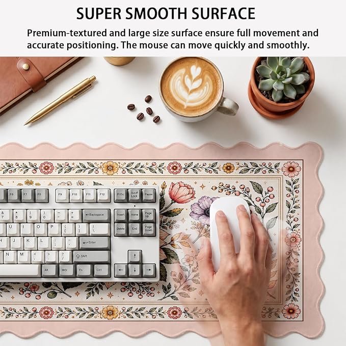 Vintage Floral Scalloped Desk Mat Peach Blossom Botanical Wildflower Extended Gaming Mouse Pad Mat with Stitched Edge Non-Slip Base Big Mouse Pad Office Computer Keyboard Laptop Home 31.5"x15.7"