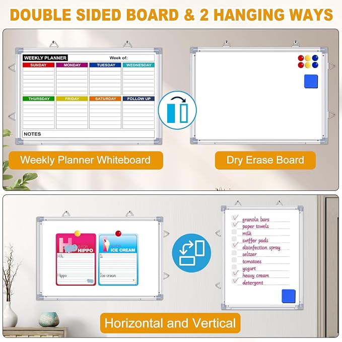 Weekly Planner Whiteboard, Weekly Dry Erase Board for Wall 16" x 12", Double-Sided Weekly Calendar Whiteboard with Pen Tray & Hook, Hanging Writing Schedule Board for Home, School, Office