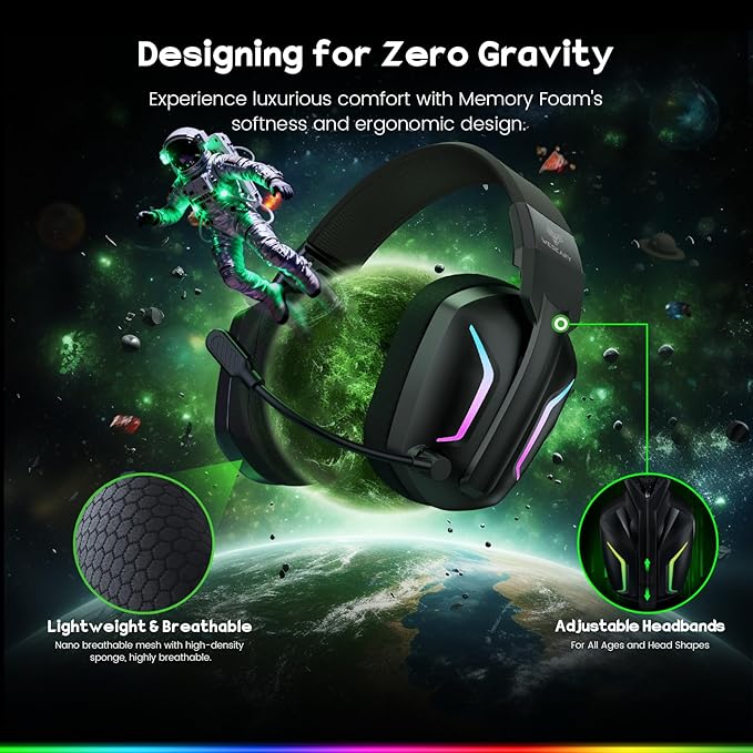 Wireless Gaming Headset for PS5, PS4, PC, Laptop, Mac & Switch, Dual Low-Latency 2.4GHz USB/Type-C, Bluetooth Gaming Headphones with ENC Mic for Gamecube, 3D Stereo,Colorful Light, 50H Power