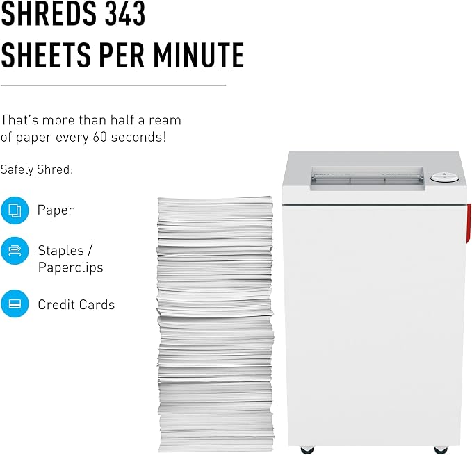 ideal. 2465 Cross-Cut Deskside Paper Shredder, Continuous Operation, 9-11 Sheet, 9 Gal. Bin, Shred Staples/Paper Clips/Credit Cards, 3/4 HP Motor, P-5 Security Level