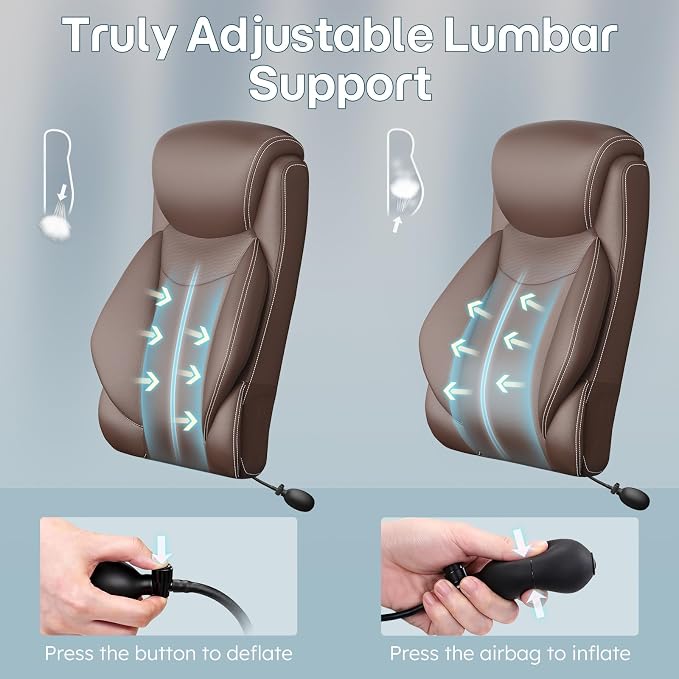 Ergonomic Office Chair, Big and Tall Office Chair, Executive Chair- Padded Leather Comfy Chair with Adjustable Lumbar Support & Flip-Up Arms, Rocking Swivel Chair for Home Office,Brown