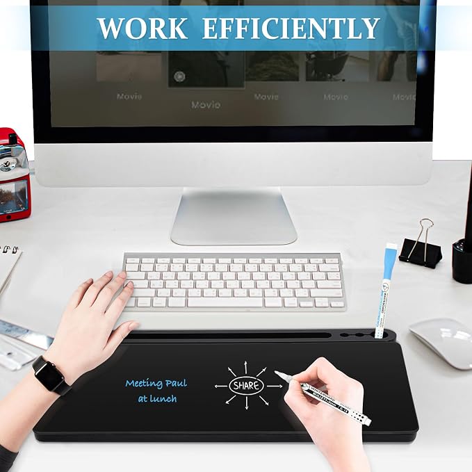 DOLLAR BOSS Glass Desk Whiteboard Small Dry Erase Board, All Black | Desktop White Board with Storage Drawer, Computer Keyboard Stand, Desk Organizer, Office Supplies, With Markers, Rag