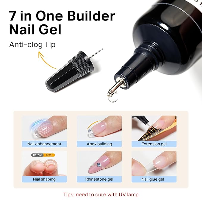 MIZHSE Clear Builder Gel for Nails, 2Pcs 15mL 7 in 1 Needle Tube Builder Gel for Nail Apex and Strengthener Thickening Extension Rhinestone Nail Glue for Beginners & Nail Art DIY Christmas Manicure
