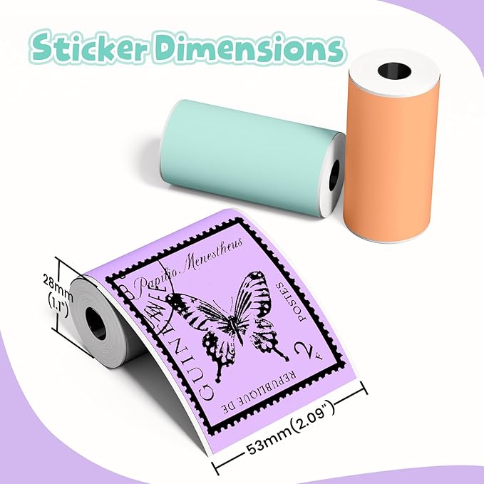 Phomemo 3 Colors Sticker Paper- Glossy Printable Sticker for Phomemo T02/T02Pro/Q02E/M02X/Y02C/Q02/M02L Mini Printer, Green/Purple/Orange, 50mm x3.5m, Diameter 28mm, 3-Rolls, Image Time 20 Years