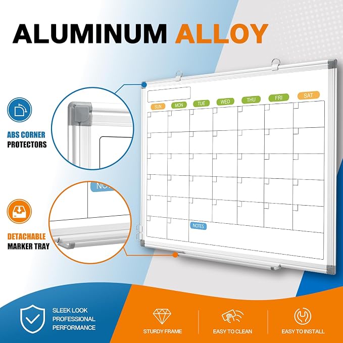 White Board Calendar 36 x 24 Monthly Whiteboard Dry Erase Calendar | Double-Sided Magnetic Calendar, Wall Planning Board with Marker Kits for Home, School, Office