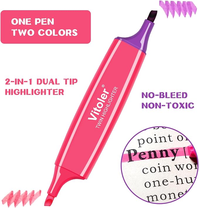 Vitoler Highlighters Assorted Colors,Bible Highlighters,6 Pcs,12 Colors,Dual Tips,No Bleed,Aesthetic Highlighter,Marker Pens for Office Supplies