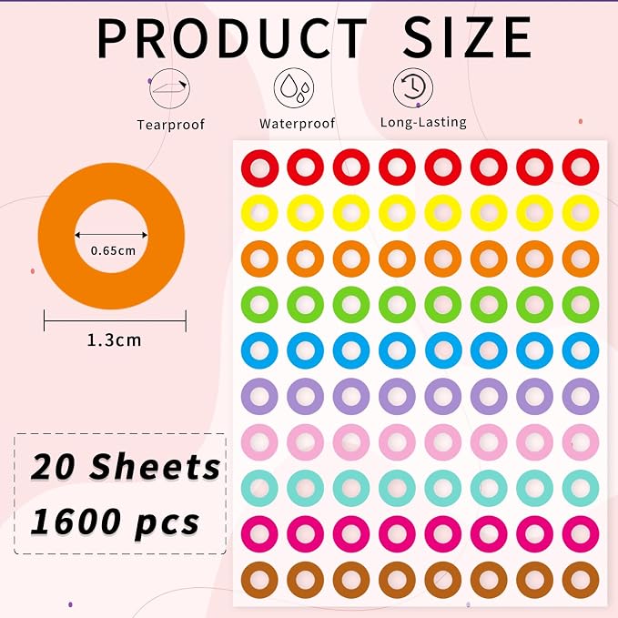Hole Reinforcement Stickers Labels,10 Colors,Pack of 1440