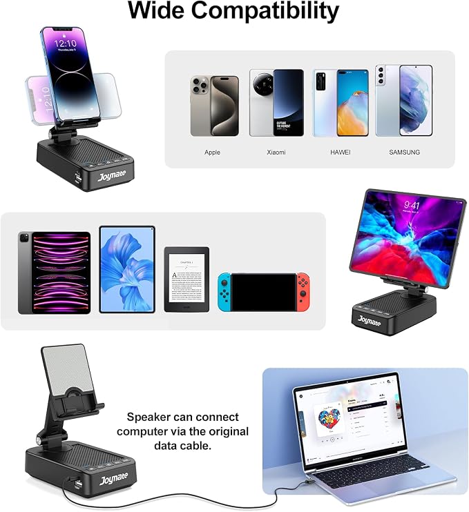 Gifts for Men Women, Phone Stand with Bluetooth Speaker and Charging Function 360° Rotable Angle Adjustable Cell Phone Holder with HD Stereo Sound Fits All Phones,Tablet (Black)