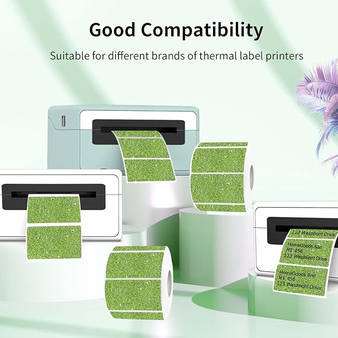 2.25"x1.25" Holographic Thermal Labels Stickers, Glitter Direct Thermal Printer Labels, Waterproof Address Shipping Label Stickers, 300 Sheet/ 1 Roll, Shiny Green
