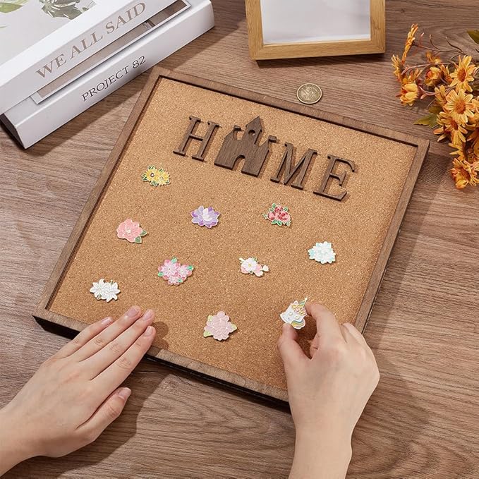 BENECREAT Square Home Word Pin Board Cork Board, 11.8x11.8inch Bulletin Display Board Wall Mounted Cork Board with Saddle Brown Frame for Brooch Pin Storage Display, Office Home Decor