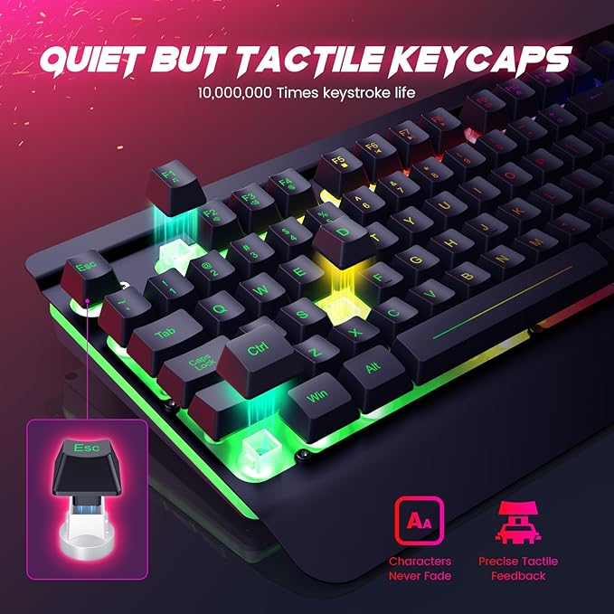 Wired Gaming Keyboard and Mouse Combo, 104 Keys All-Metal Panel Rainbow Computer Keyboard with Multimedia Keys Wrist Rest and LED Backlit Gaming Mouse 4200 DPI for Windows PC Gamers (Black)