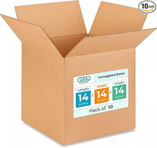 Medium Cube Moving & Shipping Boxes 14x14x14 inches (10-Pack) - Extra Strength 200 lb vs Regular - USA-Made Corrugated Strong Packaging Boxes - Cardboard Box for Shipping - Medium Box by IDL Packaging