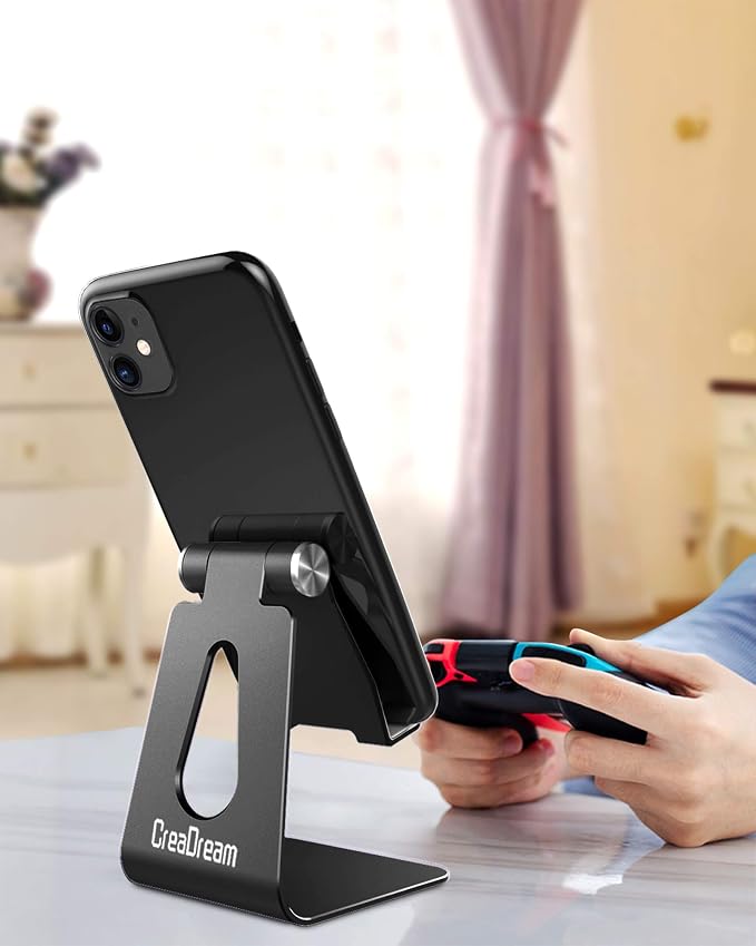 CreaDream Aluminum Cell Phone Stand, Adjustable Phone Holder for Desk | Adjustable Viewing Angle, Desktop Stand, Stable Base, Fits iPhone 17 16 15 14 13 Pro Max, Desk Accessories, Black