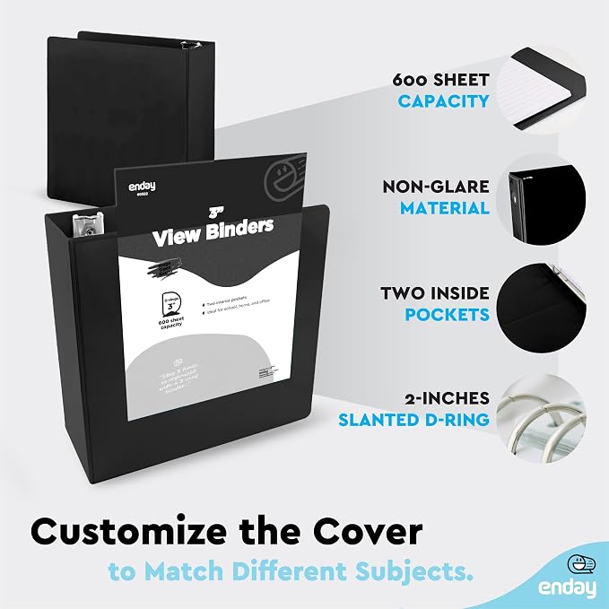 Enday 3 Inch Binder Black 3 Ring Binder 3 Inch, Heavy Duty Three Ring Binder, 600 Sheets Capacity - 3 Inch Binder for Home School and Office