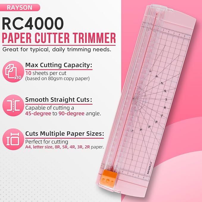 Rayson Paper Cutter Trimmer, A4 Size, 12" Craft Cutter, Light Pink | A4 12" paper trimmer for coupons, craft paper, photos and DIY projects; compact light pink design.